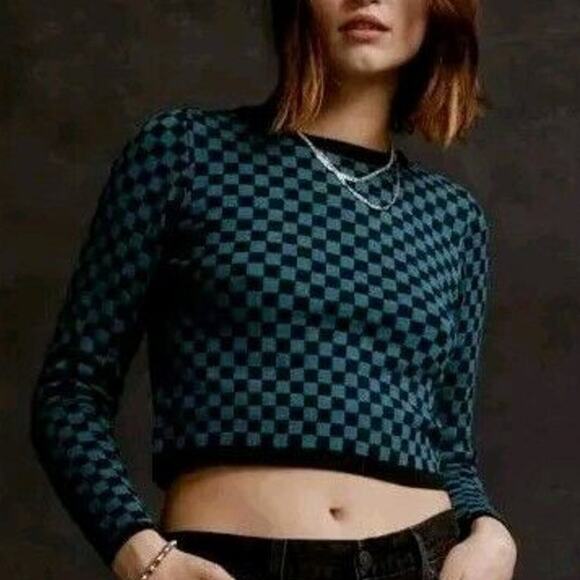 Daydreamer Cropped Sweater Size Large L Teal Check Fitted Knit Soft Pullover NWT - Picture 1 of 7